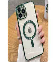 iPhone 13 Pro Max Kılıf Magsafe Köşeleri Renkli Lüx Şeffaf Kamera Lens Korumalı (Koyu Yeşil)