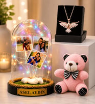 Kişiye Özel Tasarım Hediye Sepeti Led Işıklı Fanus, Peluş Anahtarlık ve Anka Kuşu Kolye