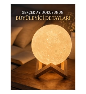 Mey İthalat® 3D Ay Gece Lambası Ahşap Standlı Dekoratif LED Masa Lambası