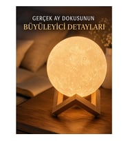 Mey İthalat® 3D Ay Gece Lambası Ahşap Standlı Dekoratif LED Masa Lambası