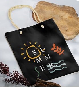 BK Gift Yaz Temalı Siyah Halat Saplı Kumaş Plaj Çantası -20, Baskılı Omuz Çantası, Alışveriş Çantası, Arkadaşa Hediye, Sevgiliye Hediye