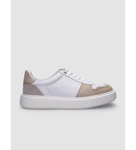 %100 Hakiki Deri Beyaz - Bej Bağcıklı Erkek Sneaker