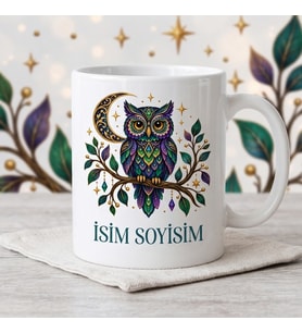 Kişiye Özel İsimli Mistik Gece Baykuşu ve Hilal Tasarımlı Seramik Kupa Bardak