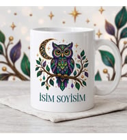 Kişiye Özel İsimli Mistik Gece Baykuşu ve Hilal Tasarımlı Seramik Kupa Bardak