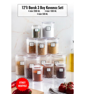 12'li Barok Yuvarlak 3 Boy Kavanoz Seti & Saklama Kabı & Erzak Kabı (4*2000 ML, 4*1000 ML, 4*500 ML)