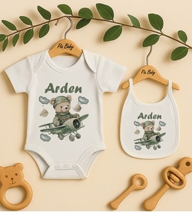 Pia Baby Premium %100 Pamuk İsme Özel Organik Baskılı Çıtçıtlı Bebek Body Ve Önlük 5000-20 (Ekru)