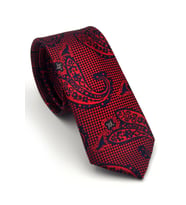 Kırmızı Lacivert Şal Desenli Dokuma Kumaş Mendilli Slim Fit Kravat // SDK-2604-5