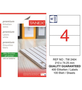 Tanex Lazer Etiket tw-2404 100 A4 Sayfa Laser Etiket 210 x 74,25 mm Boyutunda 1 A4 Sayfada 4 Etiket.