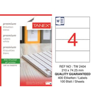 Tanex Lazer Etiket tw-2404 100 A4 Sayfa Laser Etiket 210 x 74,25 mm Boyutunda 1 A4 Sayfada 4 Etiket.