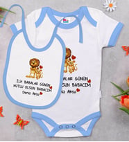 BK Kids Kişiye Özel İlk Babalar Günü Tasarımlı Mavi Bebek Body Zıbın ve Mama Önlüğü Hediye Seti-2