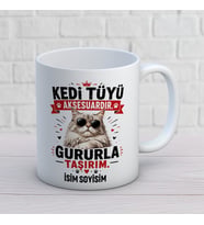 Kişiye Özel Kedi Tasarımlı Kedi Tüyü Aksesuardır Yazılı İsimli Seramik Kupa
