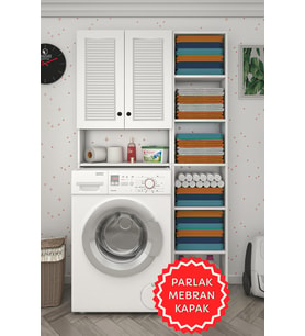 Kenzlife membran çamaşır makinesi dolabı veronikamaks byzbyz panjur 180*096*20 mebran kapak suntalam gövde kapaklı arkalıksız raflı (Beyaz-Gri)
