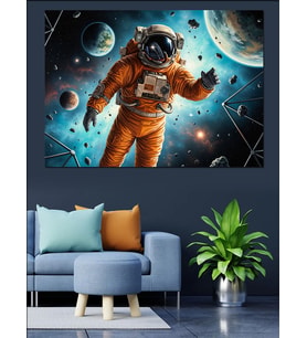 Evrende Yüzen Astronot Soyut Çalışma Dekoratif Kanvas - Mdf Ahşap Tablo