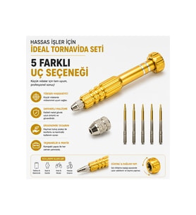 Manyetik Hassas Tornavida Seti 5 Uçlu – Mini Tamir ve Elektronik Alet - Gold