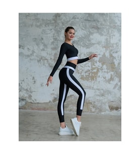 Beli ve Yanları Beyaz Şeritli Siyah Ekstra Yüksek Bel Toparlayıcı Spor Tayt