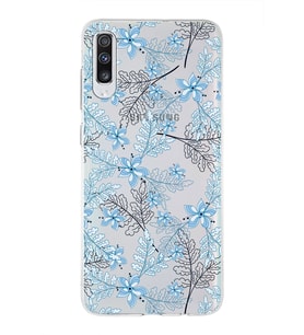 Samsung Galaxy A70 Uyumlu Kapak Floral Mavi Tasarımlı Şeffaf Silikon Kılıf