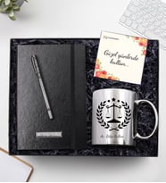 Avukatlara Özel Siyah Defter & Metalik Roller Kalem & Adalet Temalı Gümüş Renk Kupa Hediye Seti