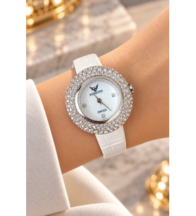 Rubenis Swiss Kadın Kol Saati Çelik 33mm Kristal Taşlı Gerçek Deri Kayışlı Beyaz Sedef Kadranlı