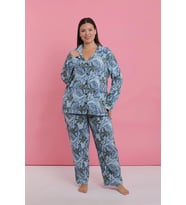 Kadın Büyük Beden Mavi Tropikal Desenli Düğmeli Pijama Takımı