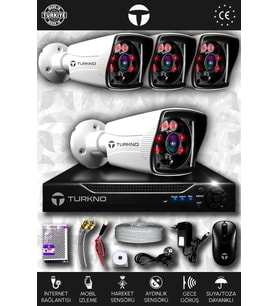 TURKNO 4 Kameralı Karia 4 Dış Kamera Set HDD'siz Full HD Gece Görüşlü Güvenlik Kamerası Sistemi