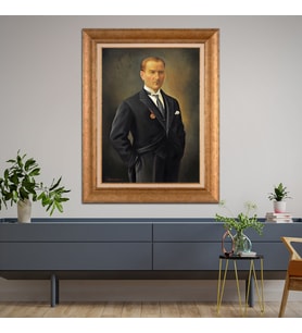 Altın Varaklı Çerçeveli Paspartulu Atatürk Tablo DC0891 (Gold)