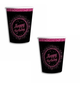 Pembe Siyah Happy Birthday Karton Bardak 8 Adet