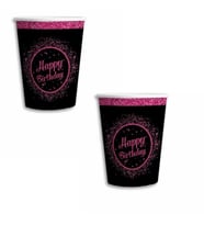 Pembe Siyah Happy Birthday Karton Bardak 8 Adet