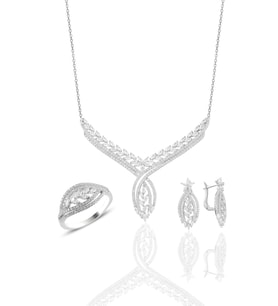 Söğütlü Silver Gümüş rodyumlu  pırlanta modeli beyaz altın görünümlü kolye küpe ve yüzük seti