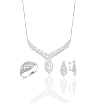 Söğütlü Silver Gümüş rodyumlu  pırlanta modeli beyaz altın görünümlü kolye küpe ve yüzük seti