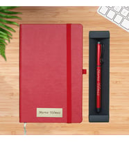 Kişiye Özel Siyah/Kırmızı Renk Deri Defter, Kişiye Özel Siyah/Kırmızı Metal Tükenmez Hediye Seti (Kırmızı)