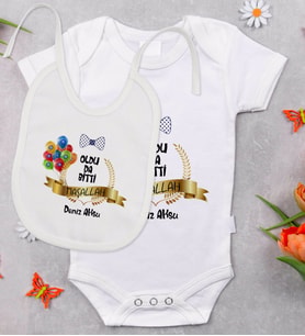 BK Kids Kişiye Özel Sünnet Tasarımlı Bebek Body Zıbın ve Mama Önlüğü Hediye Seti - Model 4