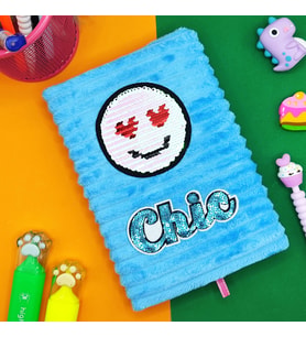 Peluş Pullu Not Defteri (20X13 cm) , 60 Yaprak, Kalpli Gülenyüz - Mavi