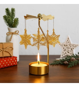 Isı İle Dönen Kar Tanesi Tasarımlı Dekoratif Metal Hediyelik Mumluk Şamdan (Gold)