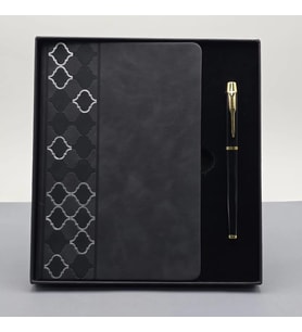 pilelistore Desenli Siyah Deri Defter Kalem Set