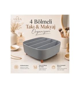 4 Bölmeli Gri Takı ve Makyaj Organizeri, Masaüstü Kozmetik Düzenleyici