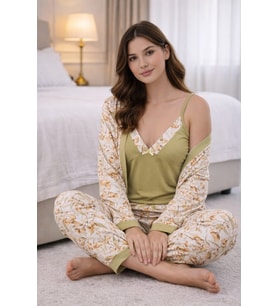 Kadın 3243 3'lü Viscon Sabahlık Pijama Takımı