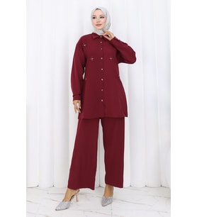 Minimal Taşlı Takım Bordo 19367