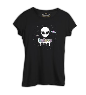 Alien - Believe in Planets Siyah Kadın Tshirt