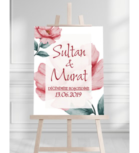 Söz Nişan Düğün İçin 50x70 Karşılama Panosu - Pembe Çiçek Tasarımlı
