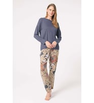Kadın Morcivert Uzun Kollu Sırt Kısmı Bağlamalı Dantel Detaylı Çiçek Desenli Pijama Takımı (Renksiz)