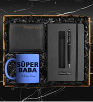 Babalar Gününe Özel Tasarım Renkli Kupa & Kişiye Özel Defter & Kişiye Özel Deri Kılıflı Touch Pen Kalem & Kişiye Özel Cüzdan Hediye Seti (Mavi)