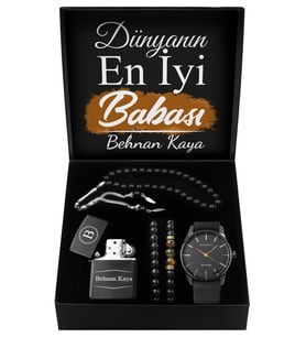 Babalar Gününe Özel Tasarım Siyah Kutu & Saat & İkili Bileklik & Kişiye Özel Çakmak & Tesbih Seti