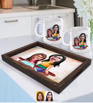 BK Gift Kişiye Özel Anne Kız Karikatürlü Doğal Ahşap Tepsi ve 2’li Kupa Bardak Seti-1