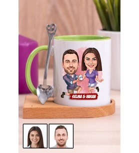 Eşe Yıldönümü Hediyesi Karikatürlü Ahşap Altlıklı Yeşil Kupa Bardak