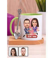 Eşe Yıldönümü Hediyesi Karikatürlü Ahşap Altlıklı Yeşil Kupa Bardak