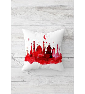 Ramazan Temalı Çift Tarafı Baskılı Gizli Fermuarlı Yastık Kılıfı Kırlent Koltuk Yastık Kılıfı (Beyaz - Kırmızı)