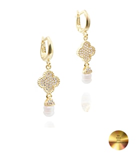 18k Serie Oro Sallantılı Hakiki İncili Yonca Gümüş Küpe (Altın)