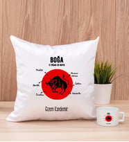 Kişiye Özel Boğa Burcuna Hediye Kare Yastık ve Fincan