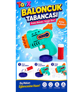 Pilli Bubble Gun Baloncuk Tabancası – 21 Delikli Köpük Tabancası, Solüsyon ve Kullanım Kabı Dahil