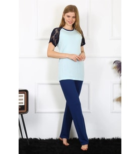 pilelistore- Kadın Kolu Dantelli Penye Pijama Takım Su Yeşili